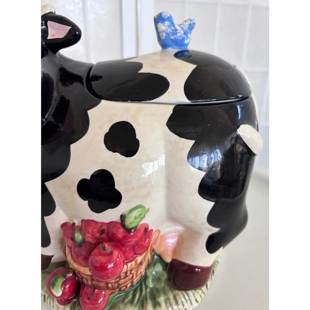 Cow Cookie Jar Farmhouse Country Kitchen Decor Ceramic Black White Apples - Picture 4 of 11